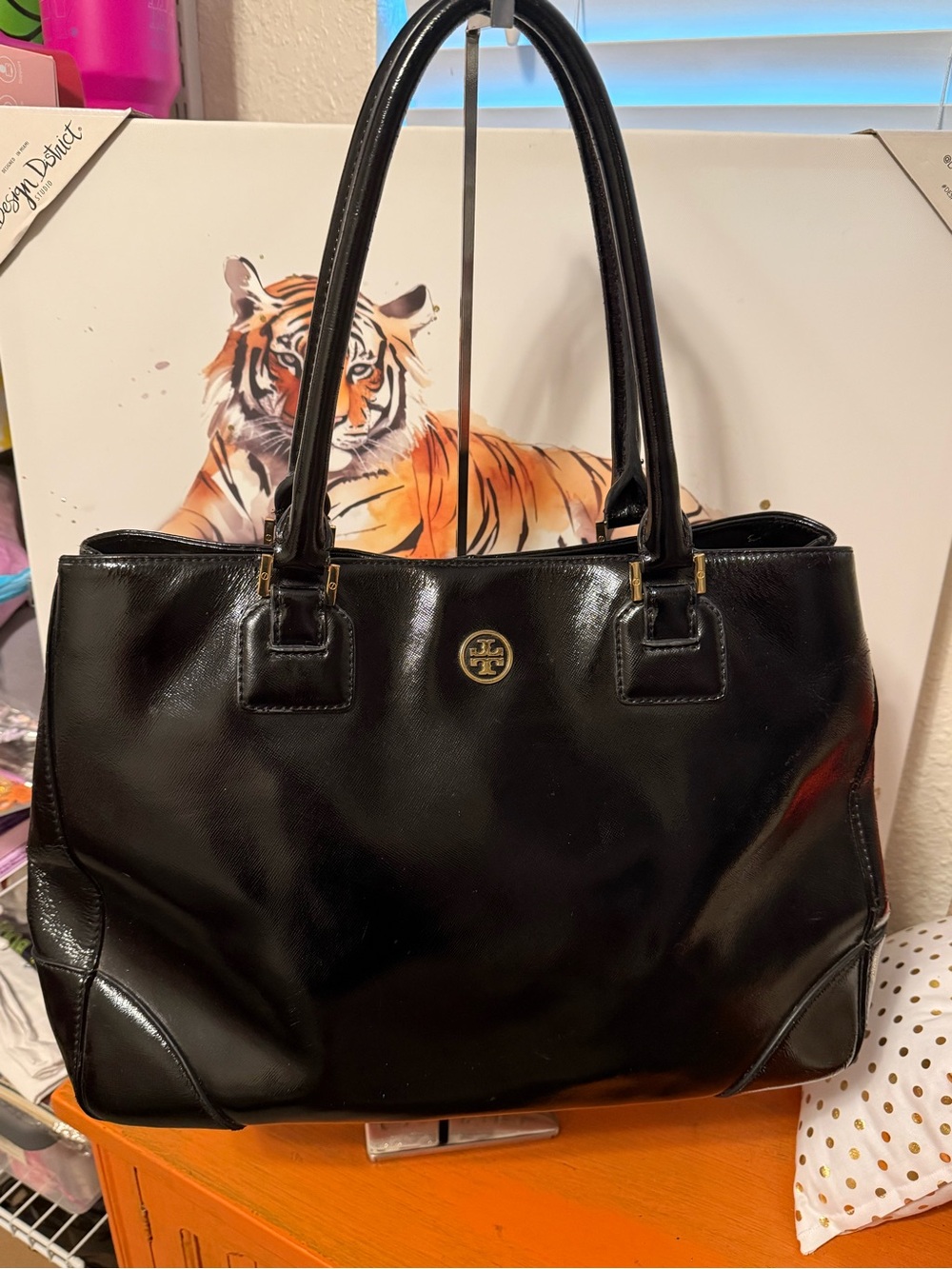 Tory Burch Black Patent Leather Tote with Gold Logo